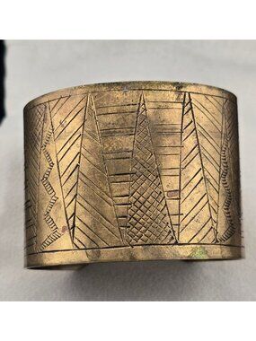 Vintage Adjustable Brass Cuff Bracelet With Geometric Etched Design 6.5"